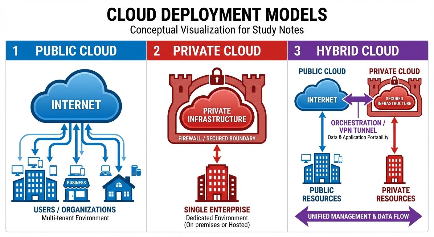 A conceptual diagram visualizing Cloud Deployment Models. The diagram should be divided into three s...