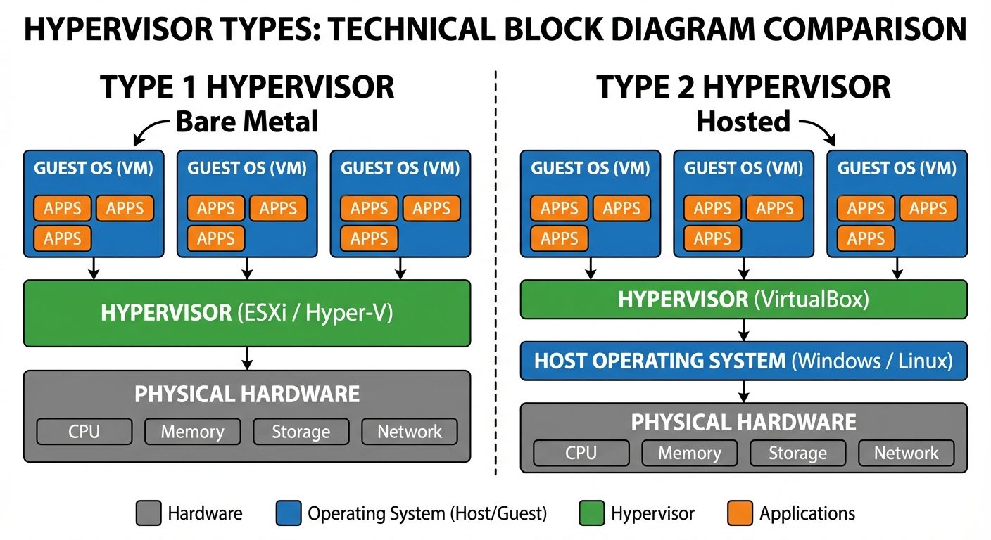 A technical block diagram comparing Type 1 and Type 2 Hypervisors side-by-side. Left side (Type 1): ...