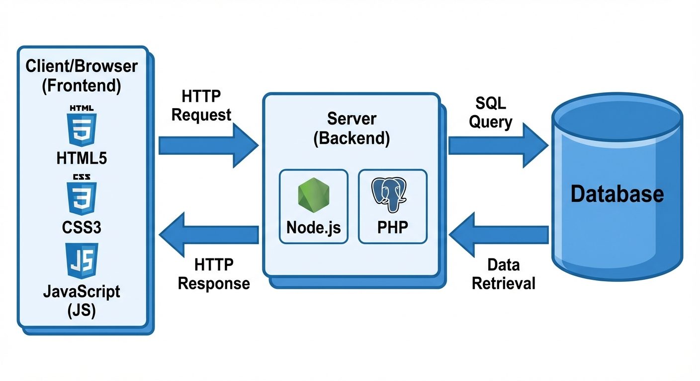 A detailed block diagram illustrating Full Stack Web Architecture. On the left, draw a "Client/Brows...