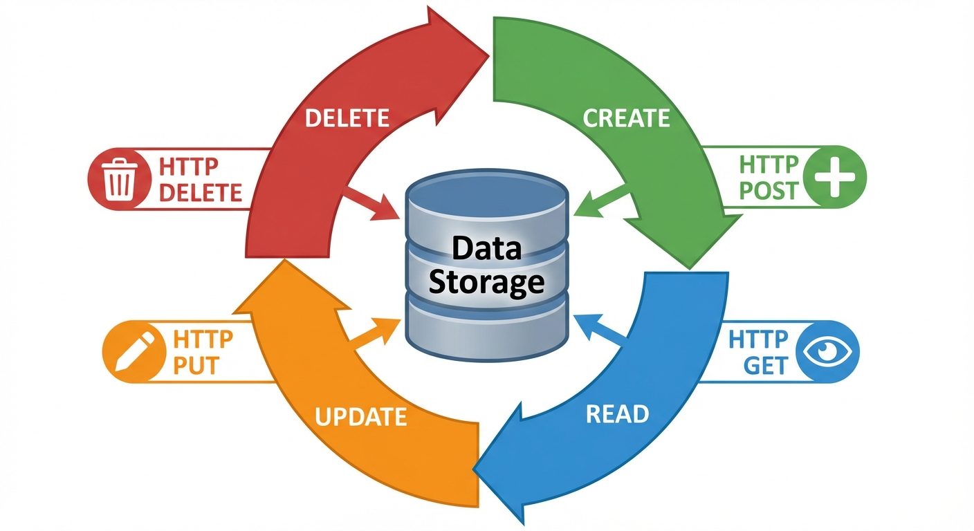 A circular cycle diagram explaining the CRUD operations. The diagram should be divided into four qua...