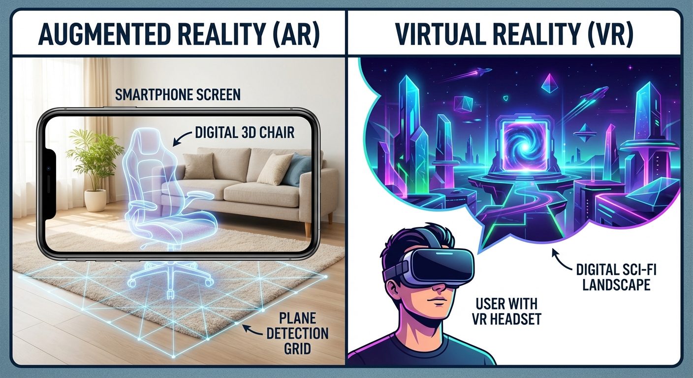 A comparison diagram split down the middle. Left side labeled "Augmented Reality (AR)" showing a sma...