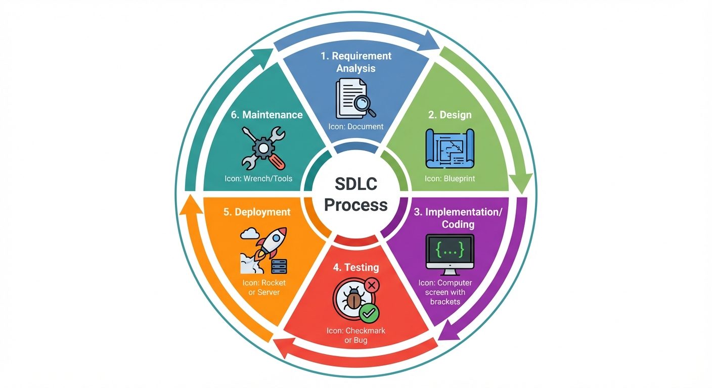 A circular cycle diagram illustrating the Software Development Life Cycle (SDLC). The diagram should...