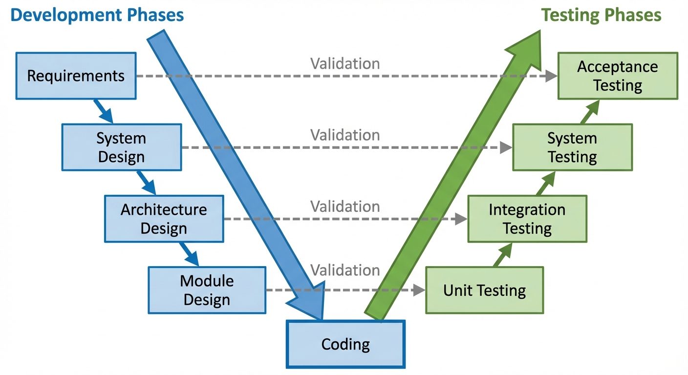 A V-Model diagram showing the relationship between development and testing phases. The diagram shoul...