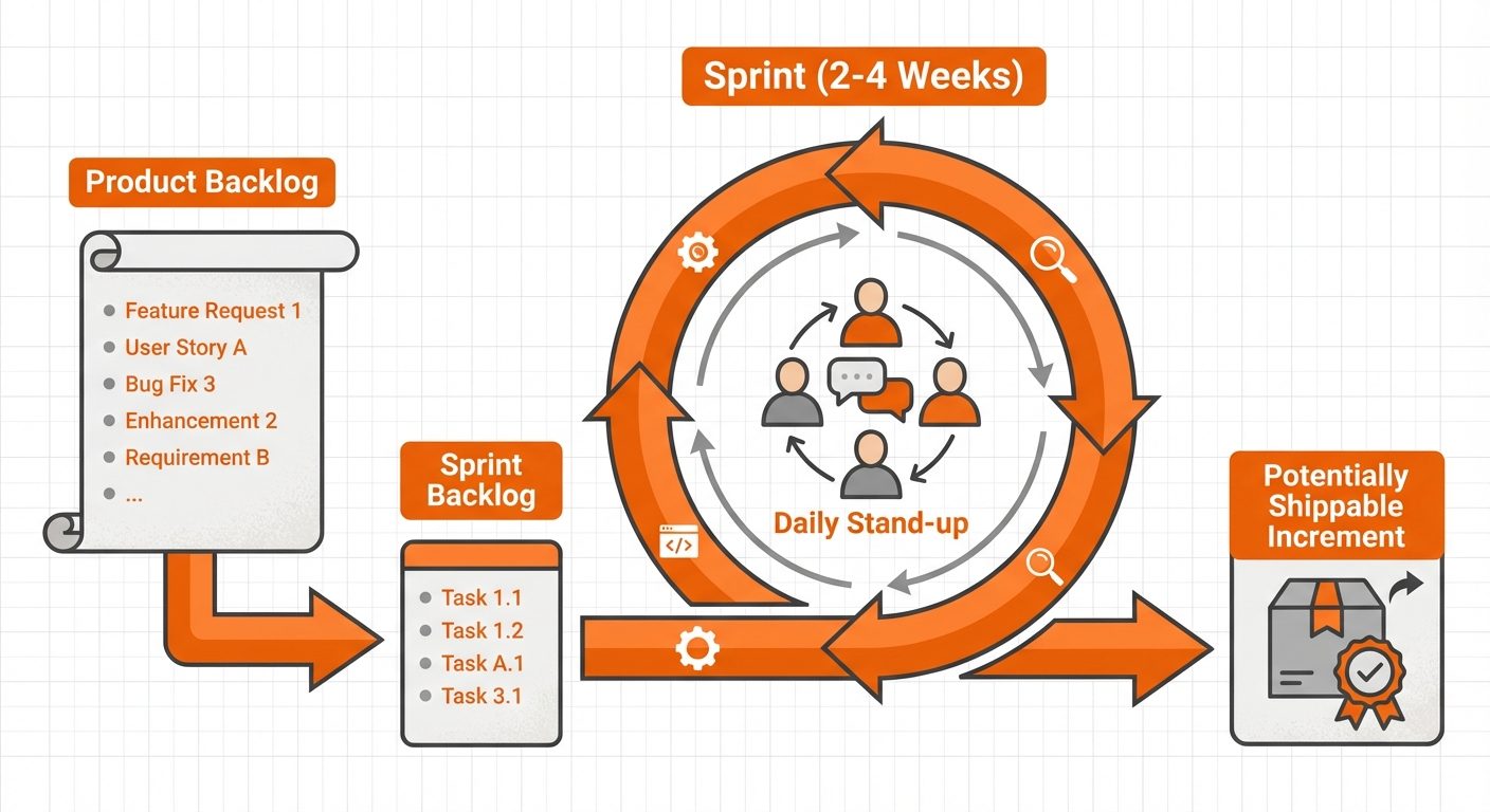 A diagram illustrating the Agile Scrum Framework. On the left, a scroll labeled "Product Backlog". A...
