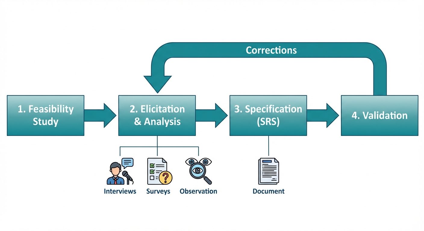 A horizontal flow diagram showing the Requirements Engineering Process. Rectangular boxes connected ...