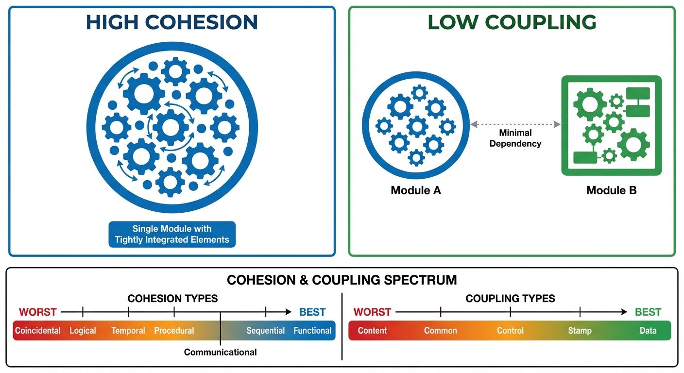 A comparative diagram illustrating Cohesion vs. Coupling. The left side, labeled "High Cohesion," sh...