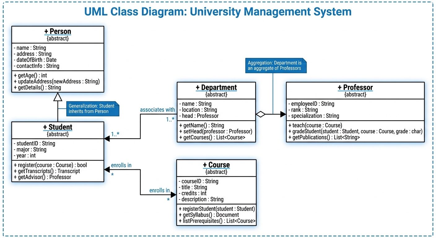 A detailed UML Class Diagram for a "University Management System". The diagram should feature a cent...