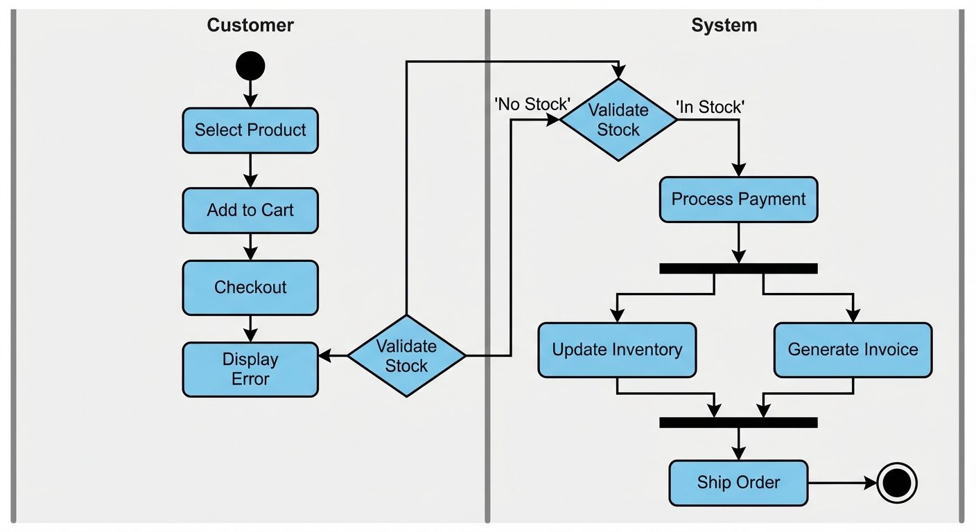 A UML Activity Diagram with Swimlanes illustrating an "Online Order Process". Two vertical swimlanes...