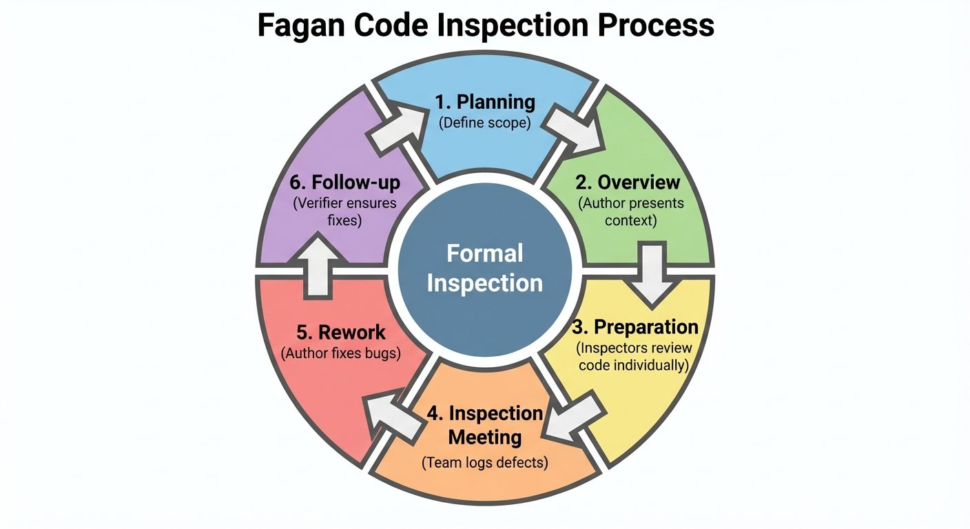 A circular process diagram illustrating the "Fagan Code Inspection Process". The cycle should contai...