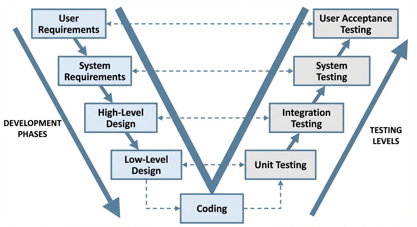 A V-Model diagram illustrating the relationship between Development Phases and Testing Levels. The d...