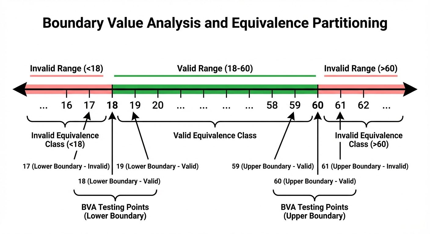 A visual diagram explaining Boundary Value Analysis and Equivalence Partitioning using a number line...