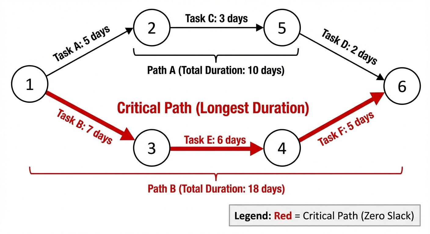 A network diagram demonstrating the Critical Path Method (CPM). The diagram should consist of circul...