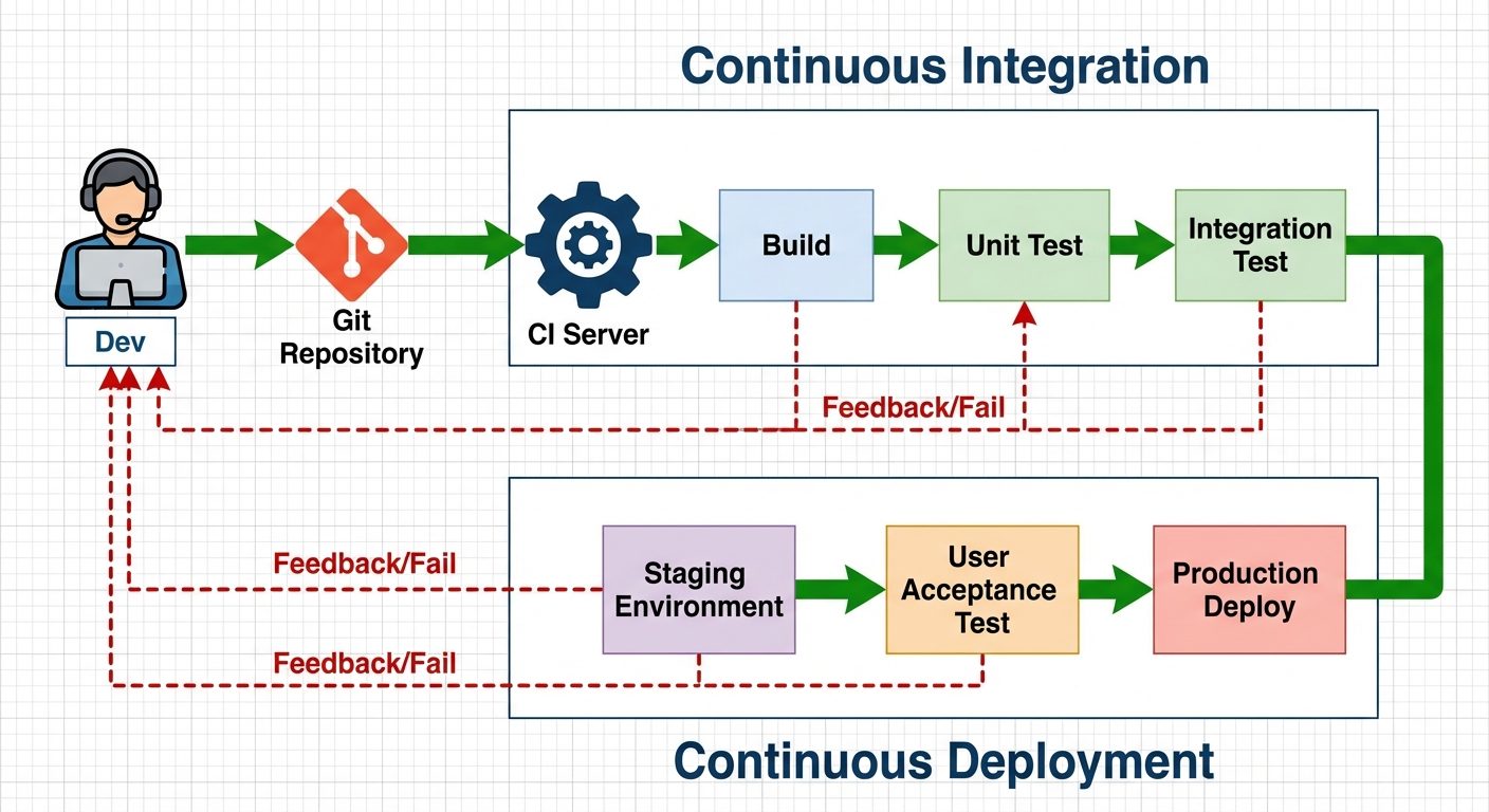 A horizontal flow diagram illustrating a modern DevOps CI/CD pipeline.
- Start on the left with a d...