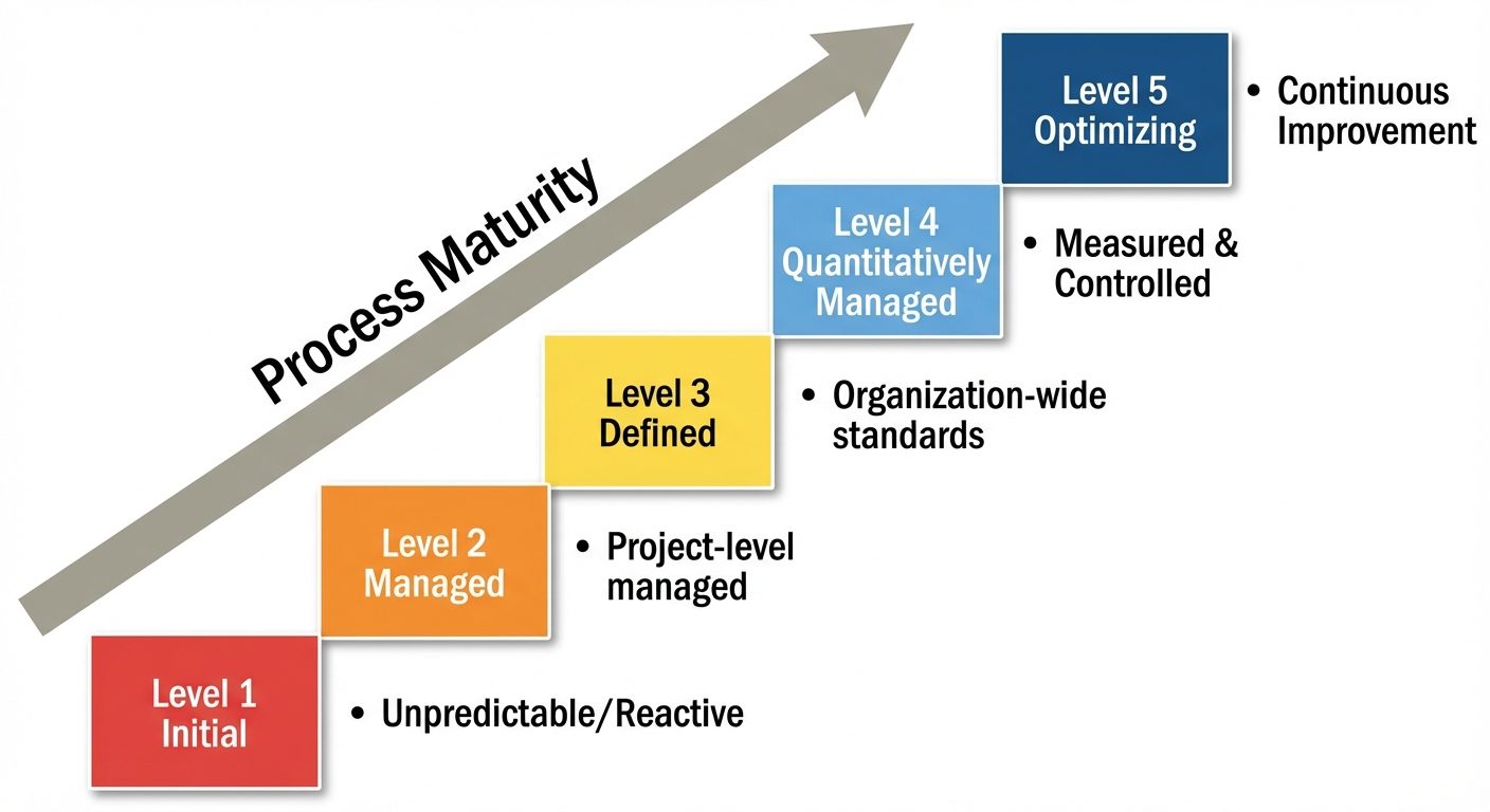 A detailed staircase diagram illustrating the 5 Levels of SEI CMMI. Level 1 (Initial) at the bottom ...