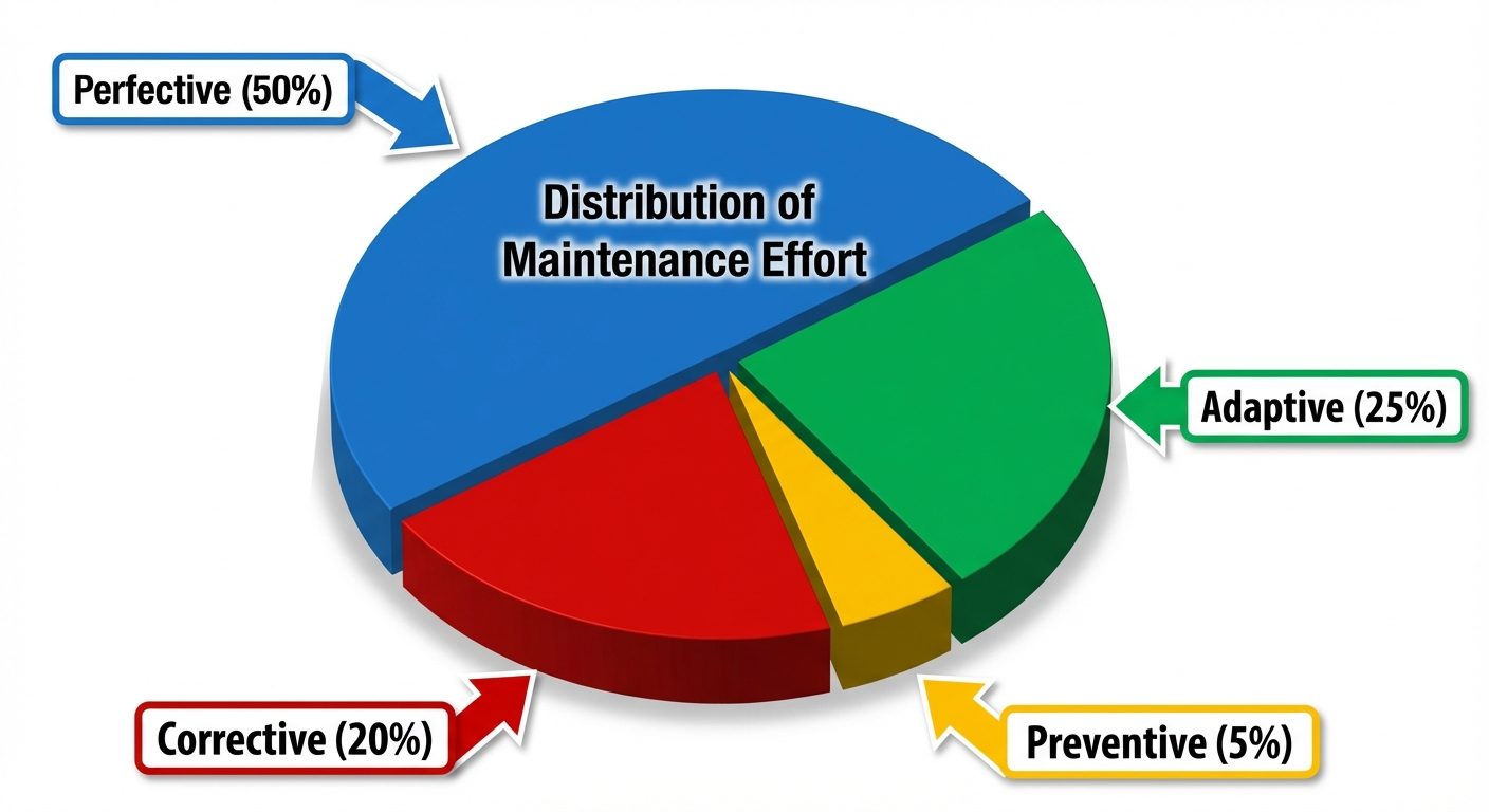 A 3D pie chart visualizing the distribution of Software Maintenance Types. The chart should be divid...