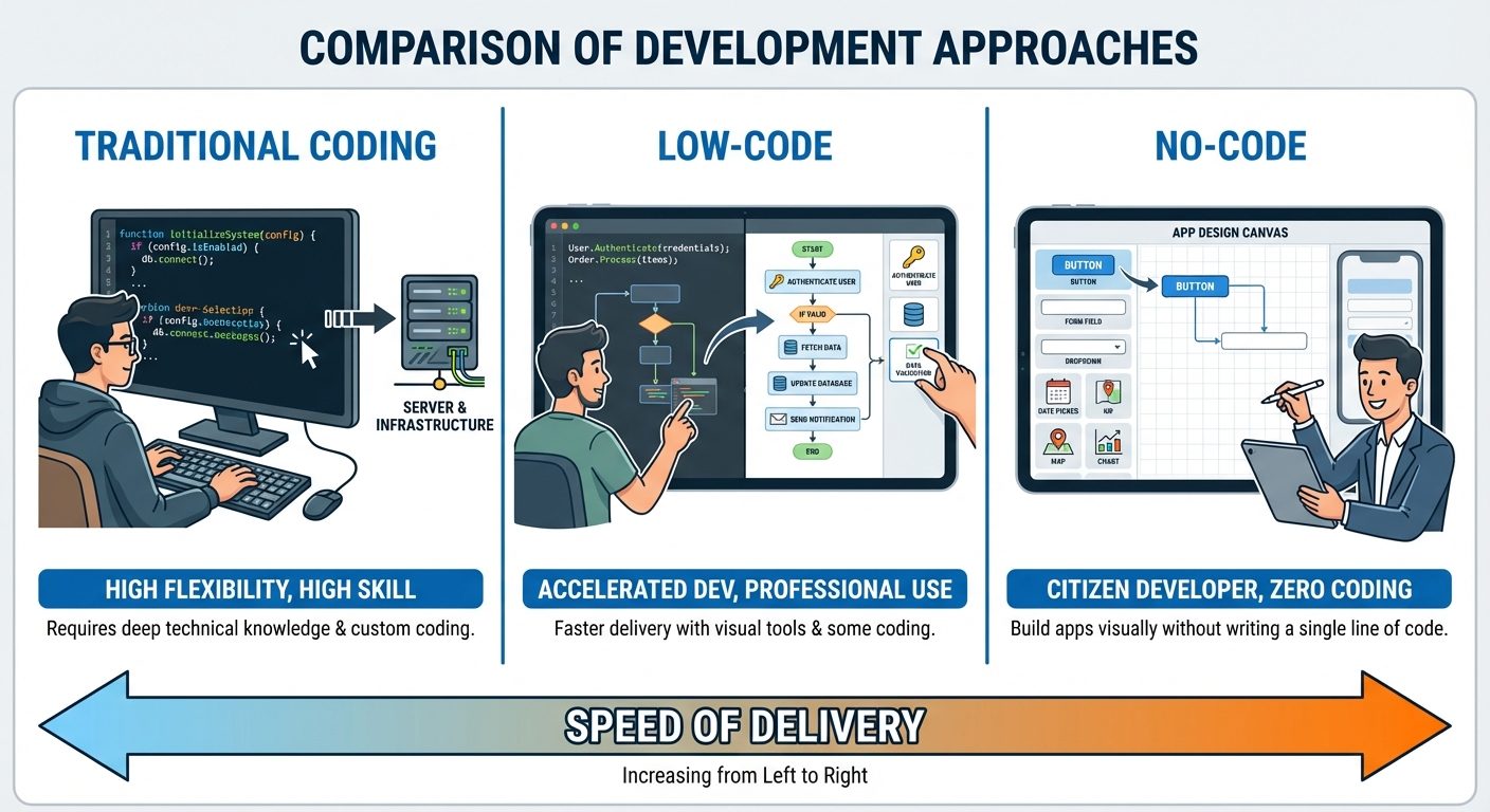 A comparison diagram split into three vertical panels comparing "Traditional Coding", "Low-Code", an...