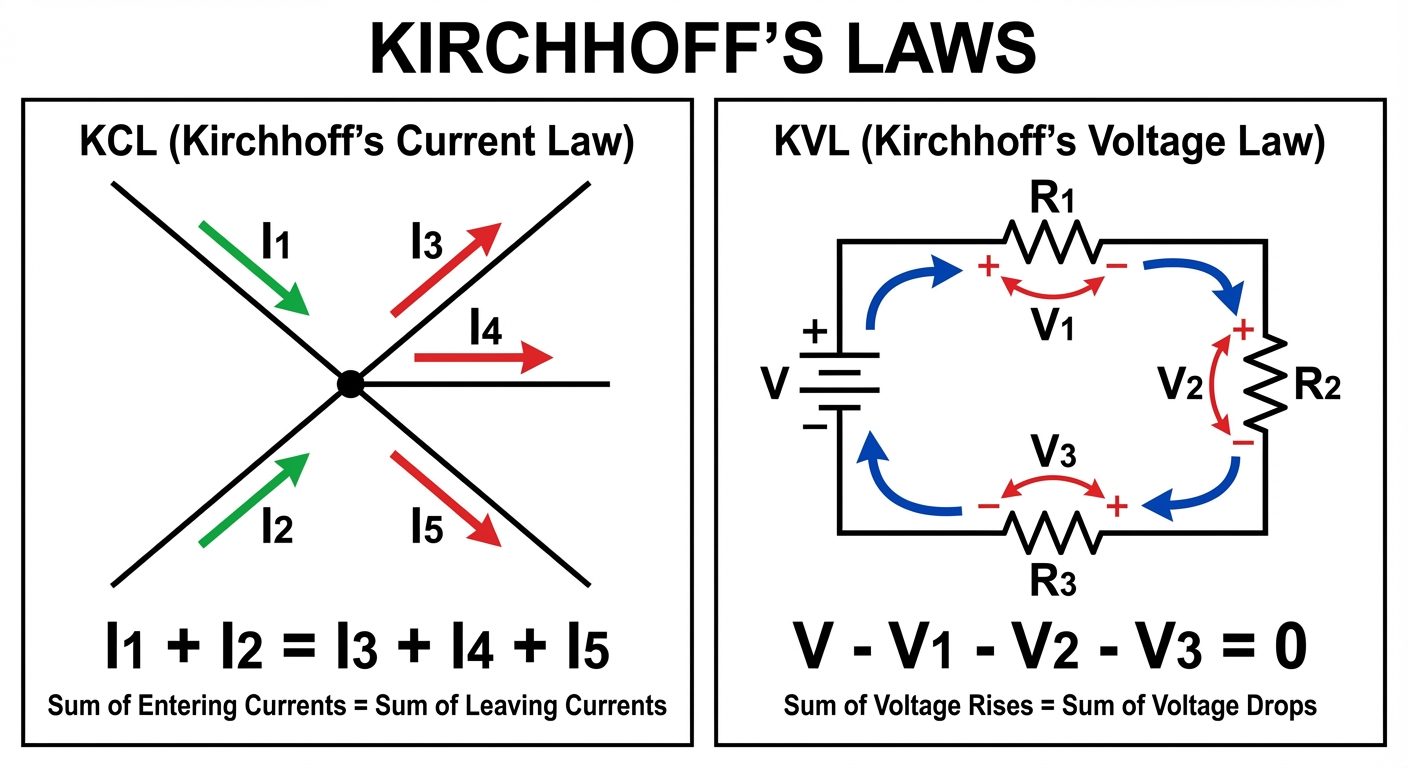 A detailed technical illustration showing Kirchhoff's Laws. The image should be split into two panel...
