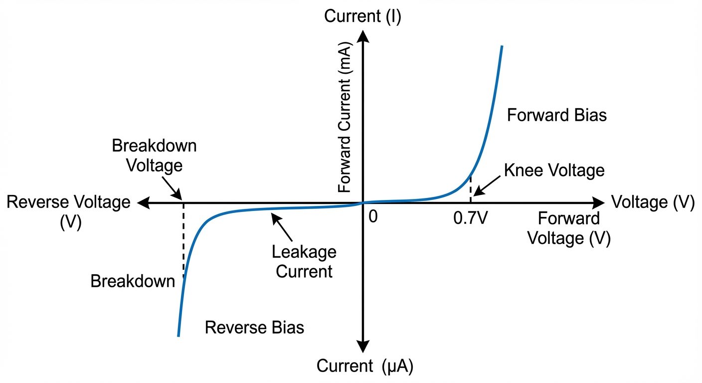 A V-I characteristic graph for a PN Junction Diode. The X-axis represents Voltage (V) and Y-axis rep...