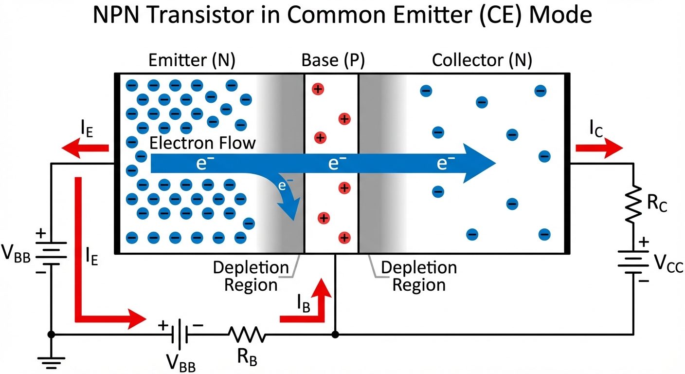 A detailed cross-sectional diagram and circuit schematic of an NPN Transistor in Common Emitter (CE)...