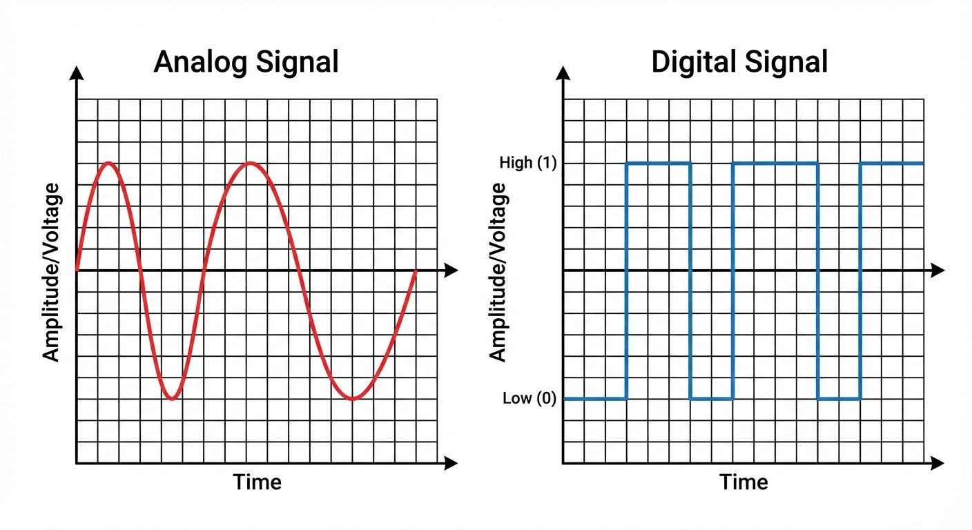 A comparison diagram consisting of two side-by-side graphs. The left graph is titled "Analog Signal"...