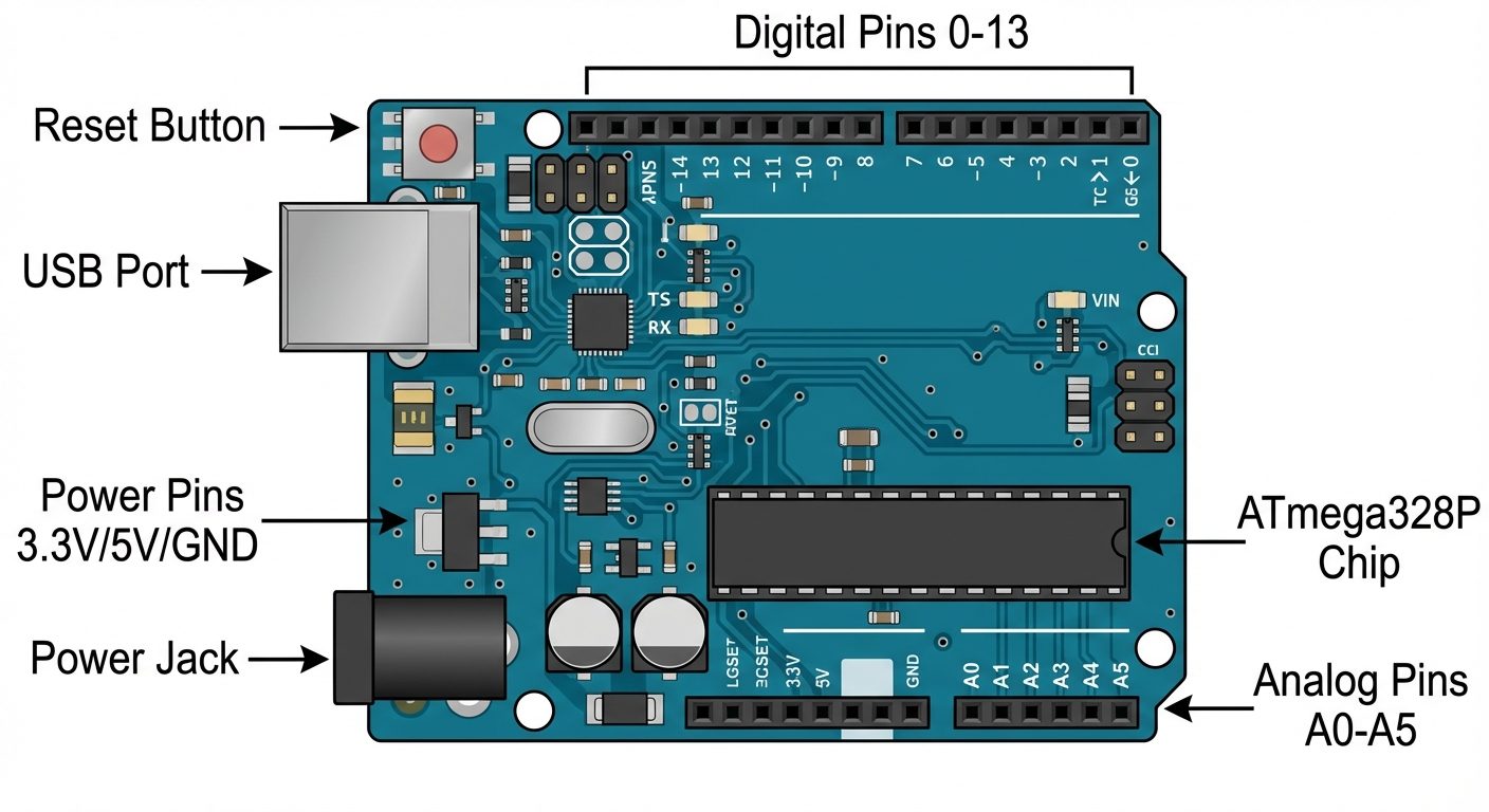 A detailed technical illustration of an Arduino UNO board viewed from the top down. The image must c...