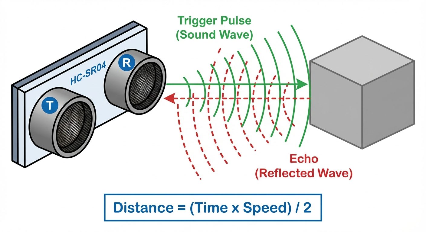 A conceptual diagram illustrating the working principle of an ultrasonic sensor. On the left, a styl...