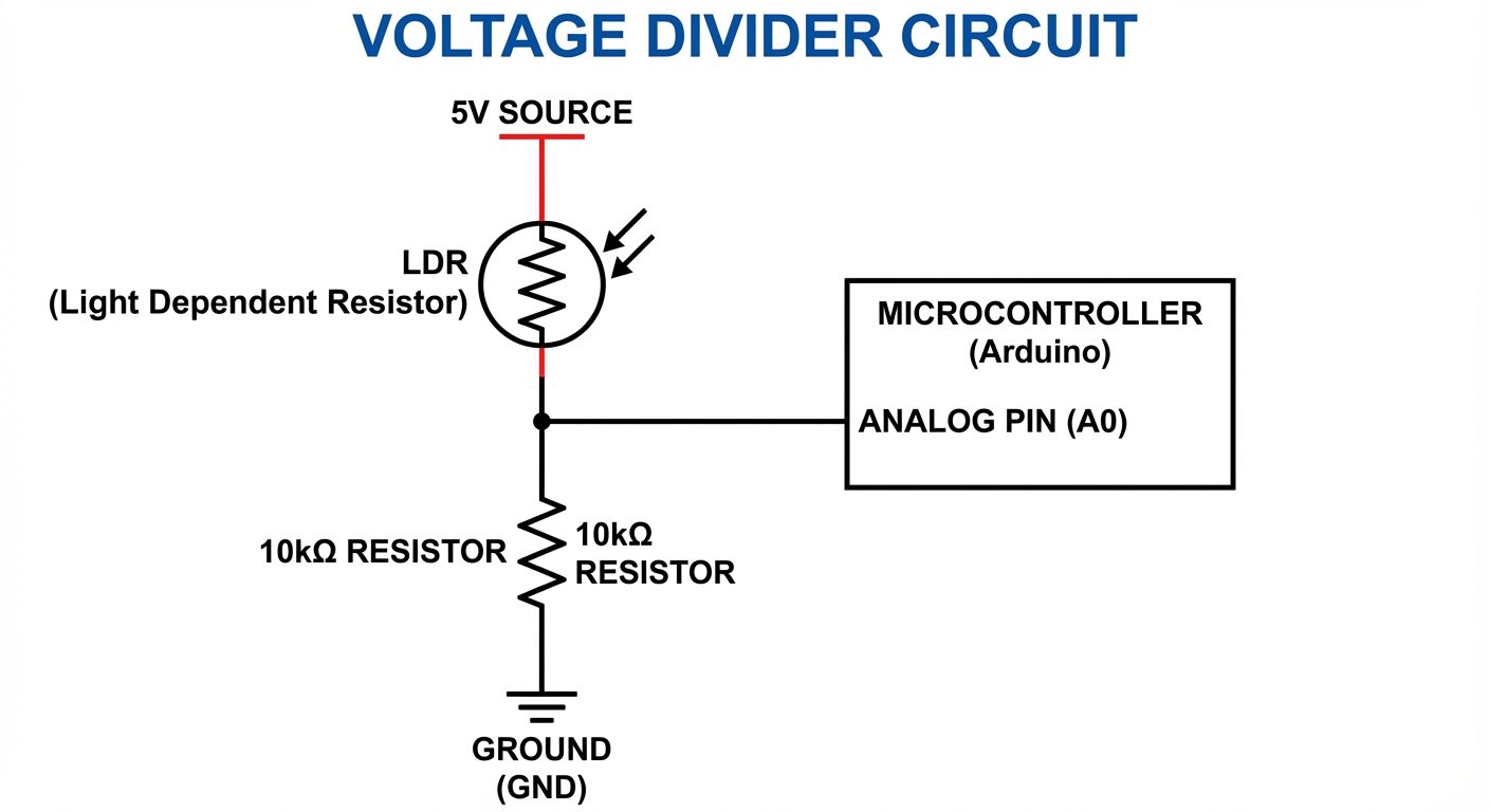 A circuit schematic diagram showing an LDR connected to an Arduino. The circuit shows a 5V source at...