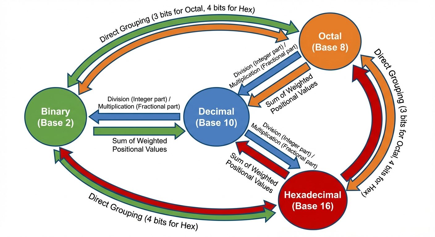 A diagram illustrating the pathways for Number System Conversions. A central hub labeled "Decimal (B...