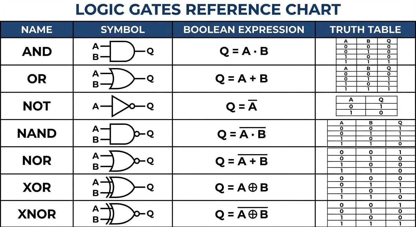 A comprehensive reference chart for Logic Gates containing 7 rows. Each row corresponds to a gate: A...