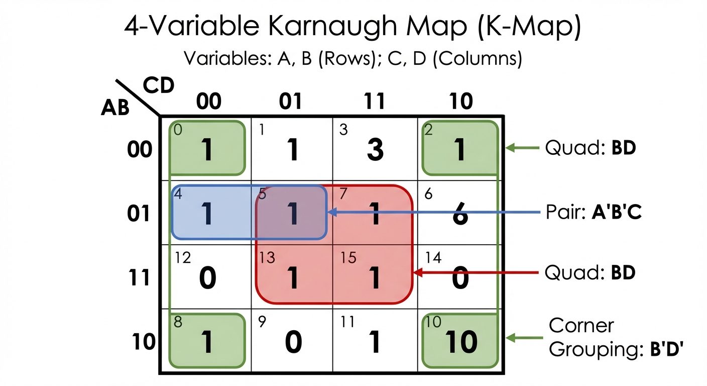 A detailed 4-variable Karnaugh Map (K-Map) diagram for variables A, B, C, D. A 4x4 grid layout. Row ...
