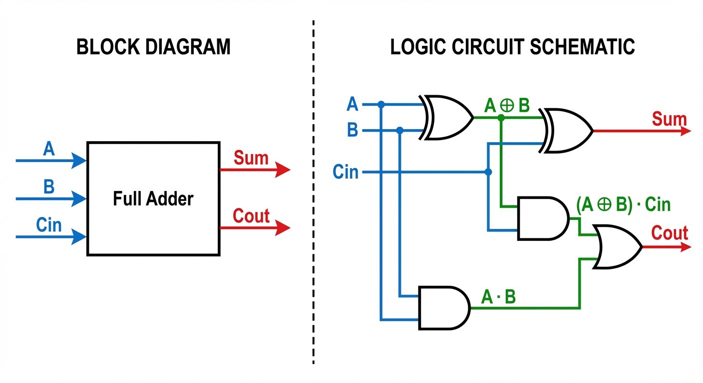 A detailed technical diagram showing the logic circuit and block diagram of a Full Adder. The image ...