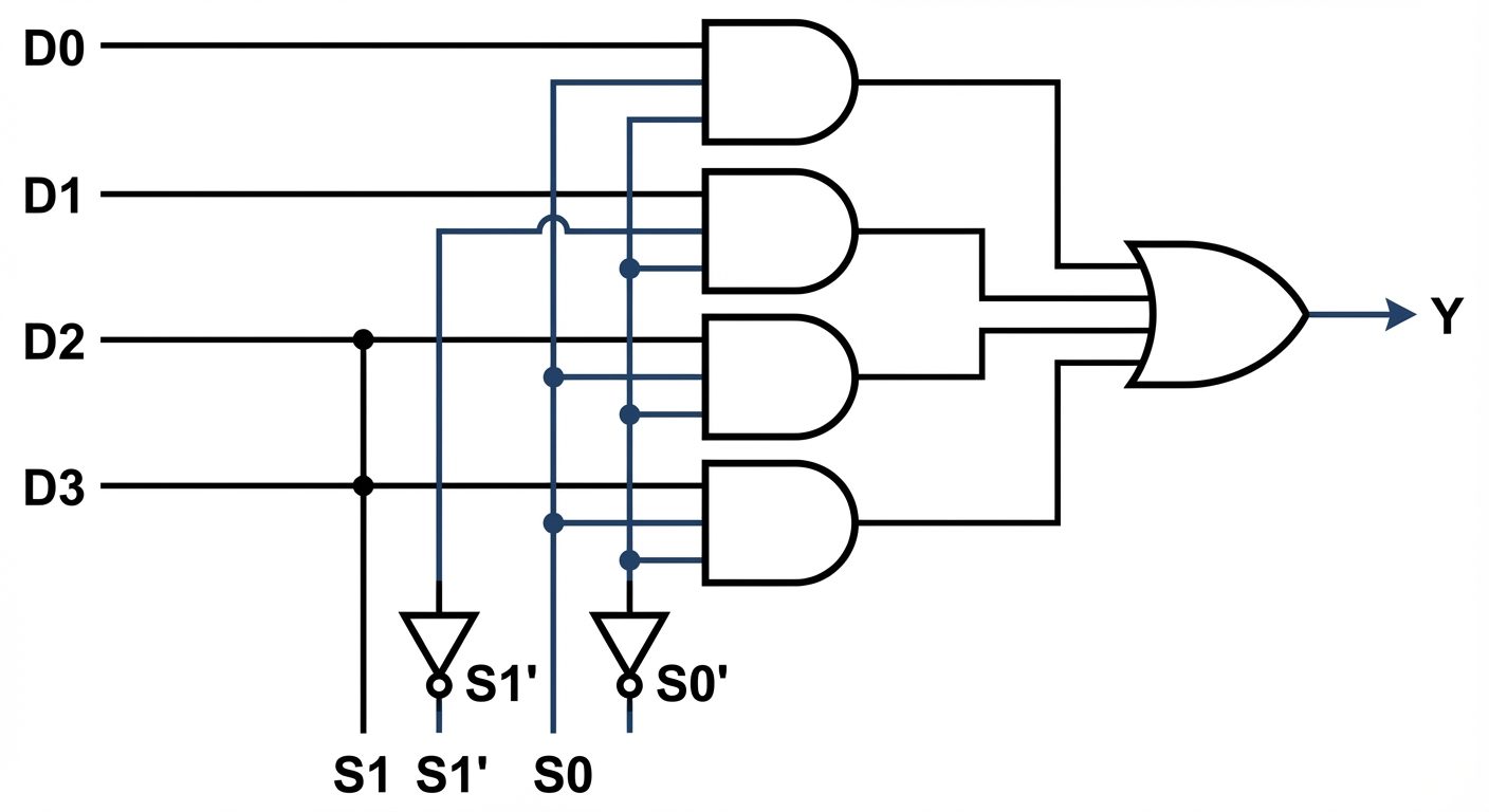 A logic circuit diagram of a 4-to-1 Multiplexer. The diagram should show four horizontal AND gates s...