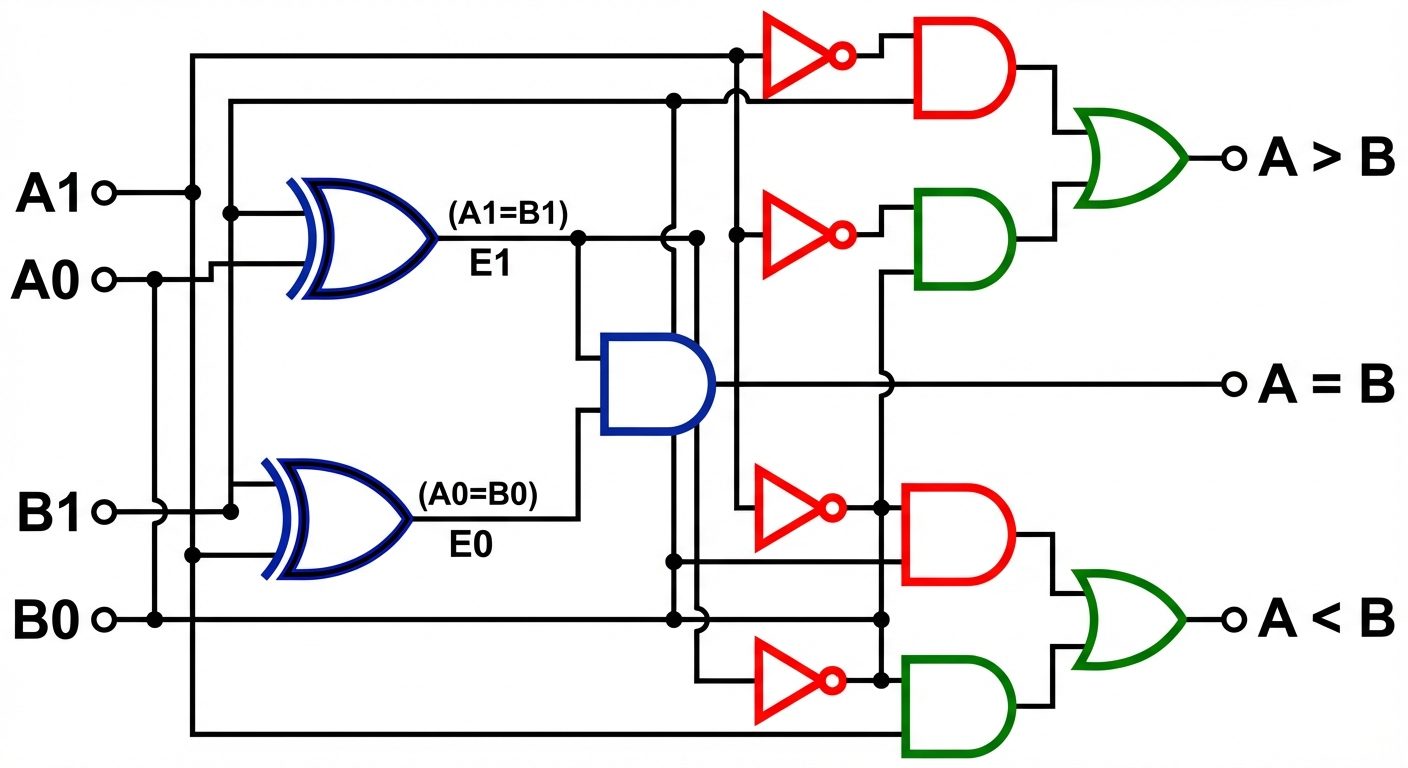 A detailed logic circuit diagram for a 2-bit Magnitude Comparator. The diagram inputs should be labe...