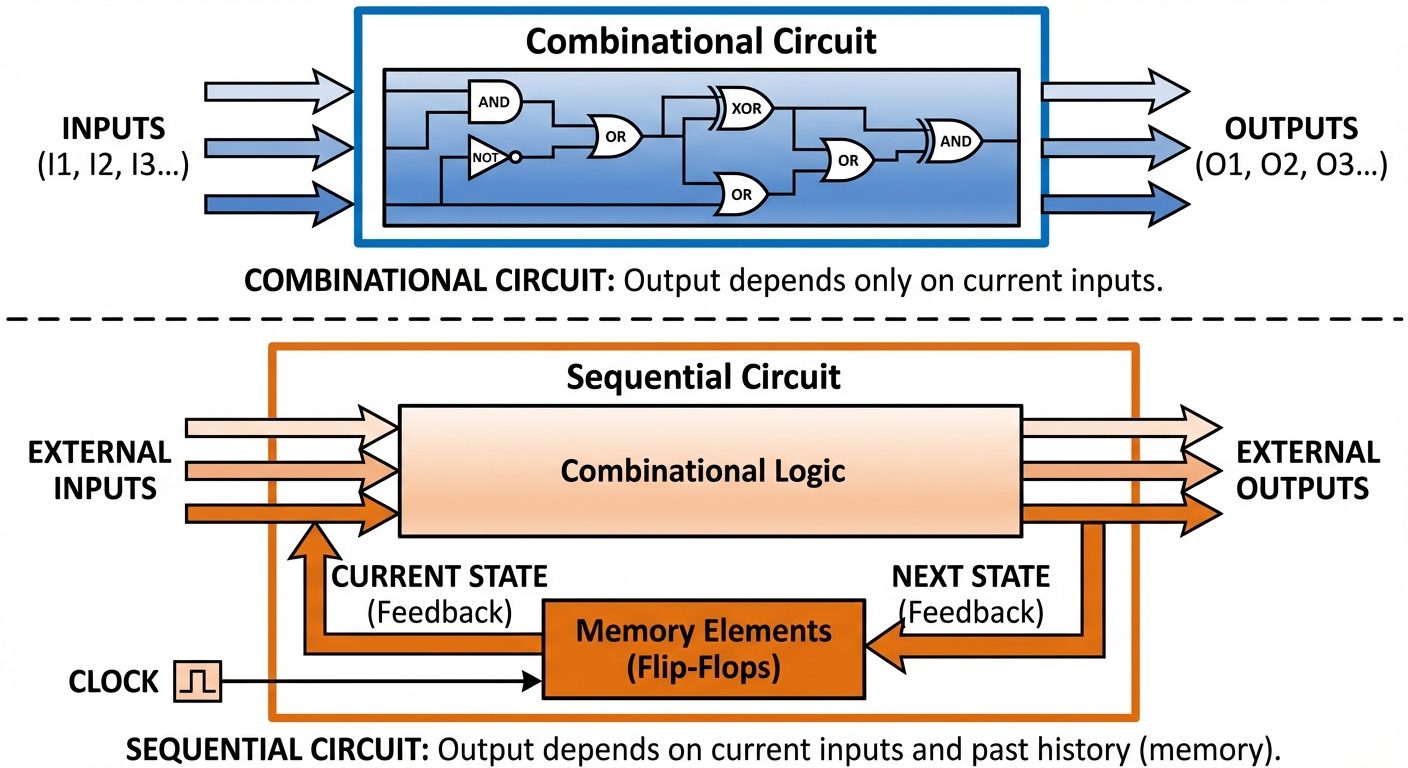 A detailed block diagram comparing Combinational and Sequential circuits. Top half: A block labeled ...
