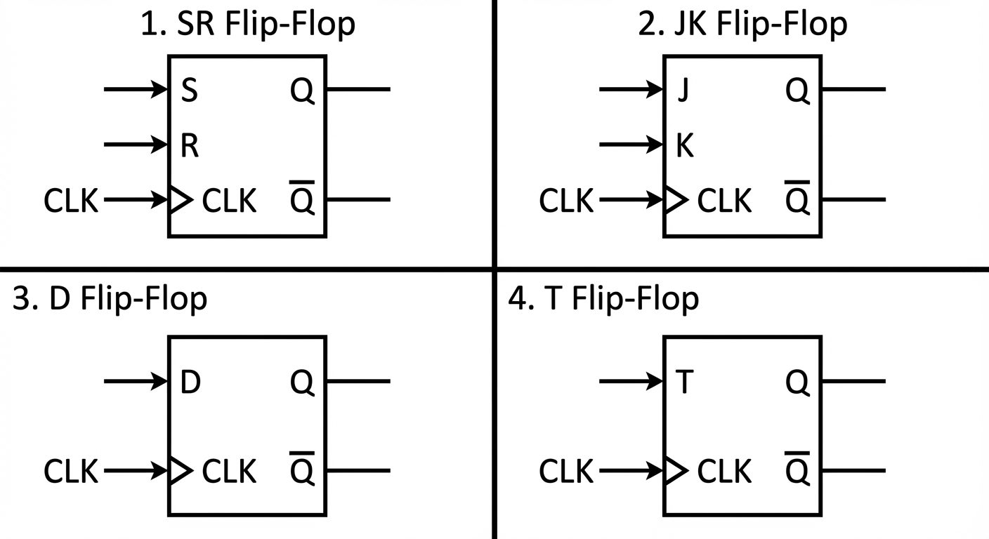 A composite technical illustration showing the circuit symbols for the four main types of flip-flops...