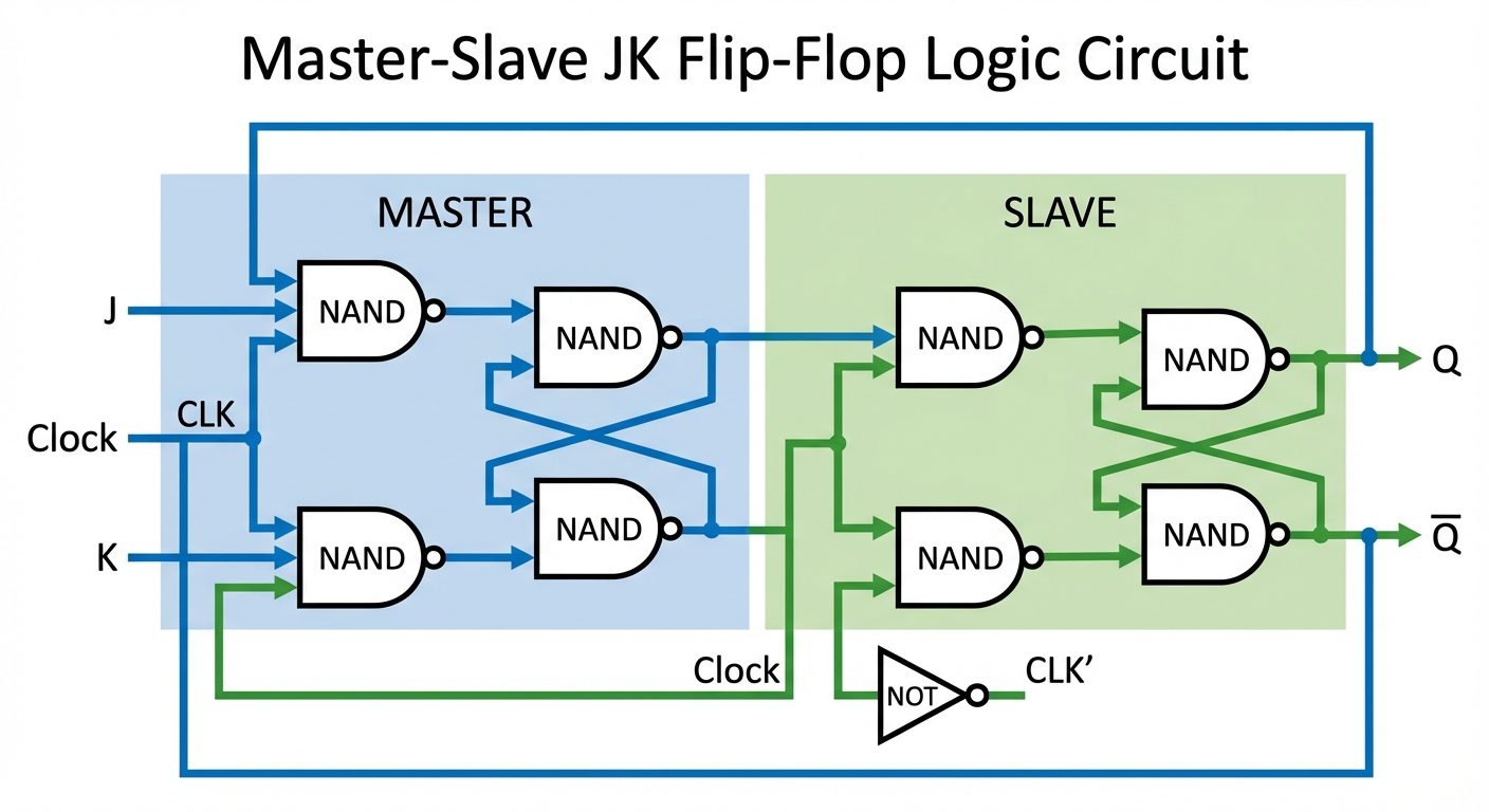 A logic circuit diagram of a Master-Slave JK Flip-Flop. The diagram should show two sections: "Maste...