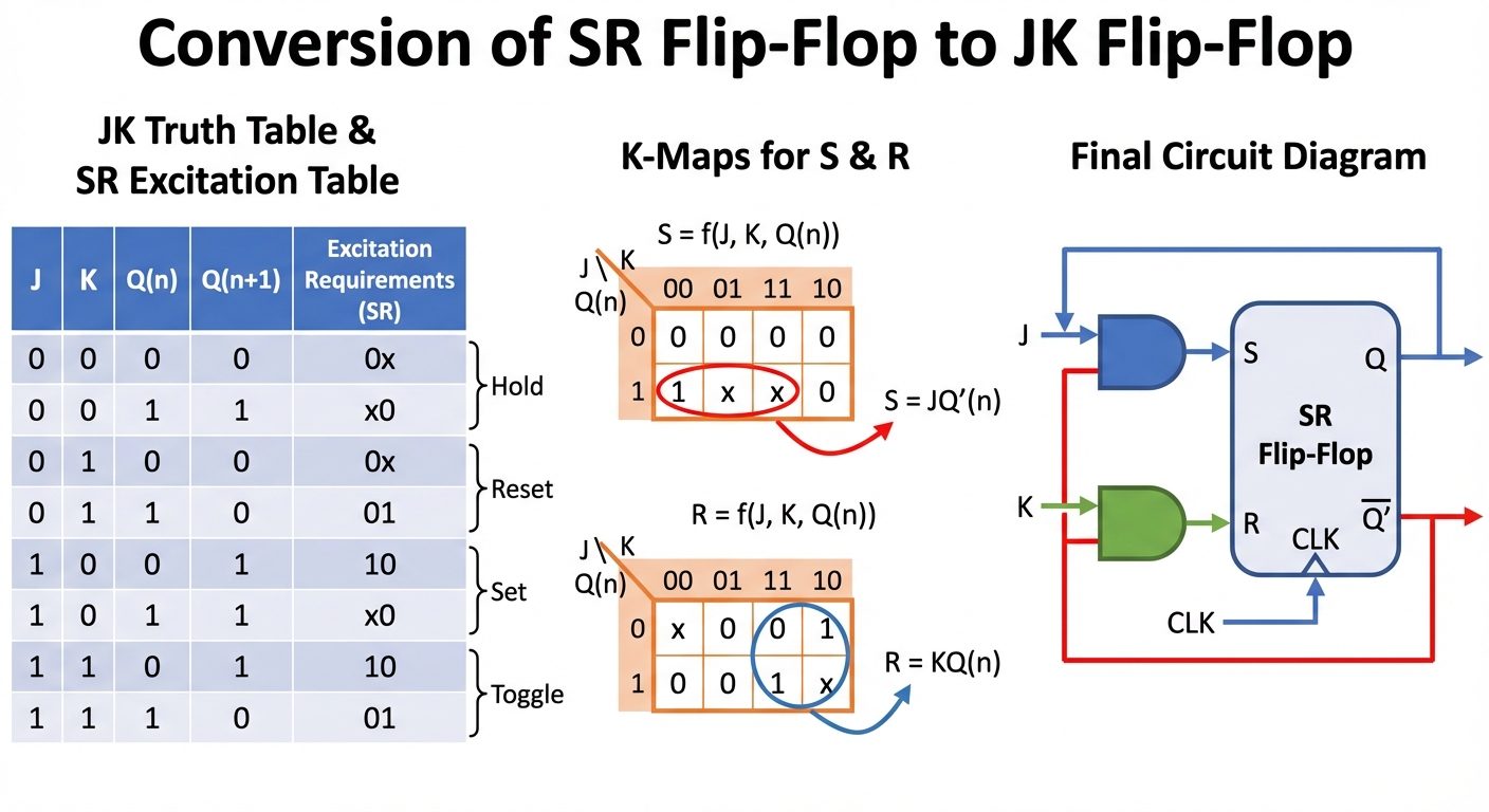 A step-by-step diagram showing the conversion of an SR Flip-Flop to a JK Flip-Flop. Left side: A tab...