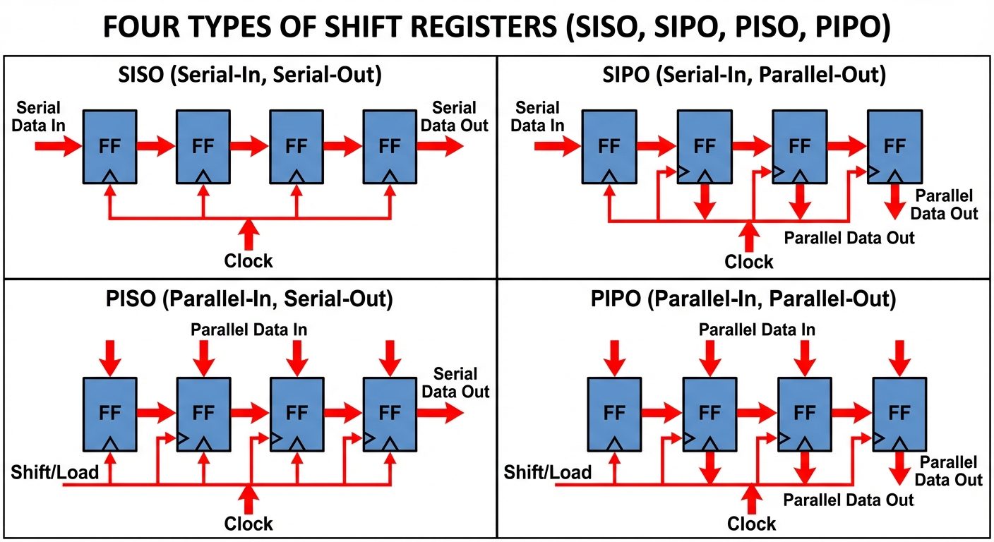A detailed block diagram illustrating the four types of shift registers: SISO, SIPO, PISO, and PIPO....