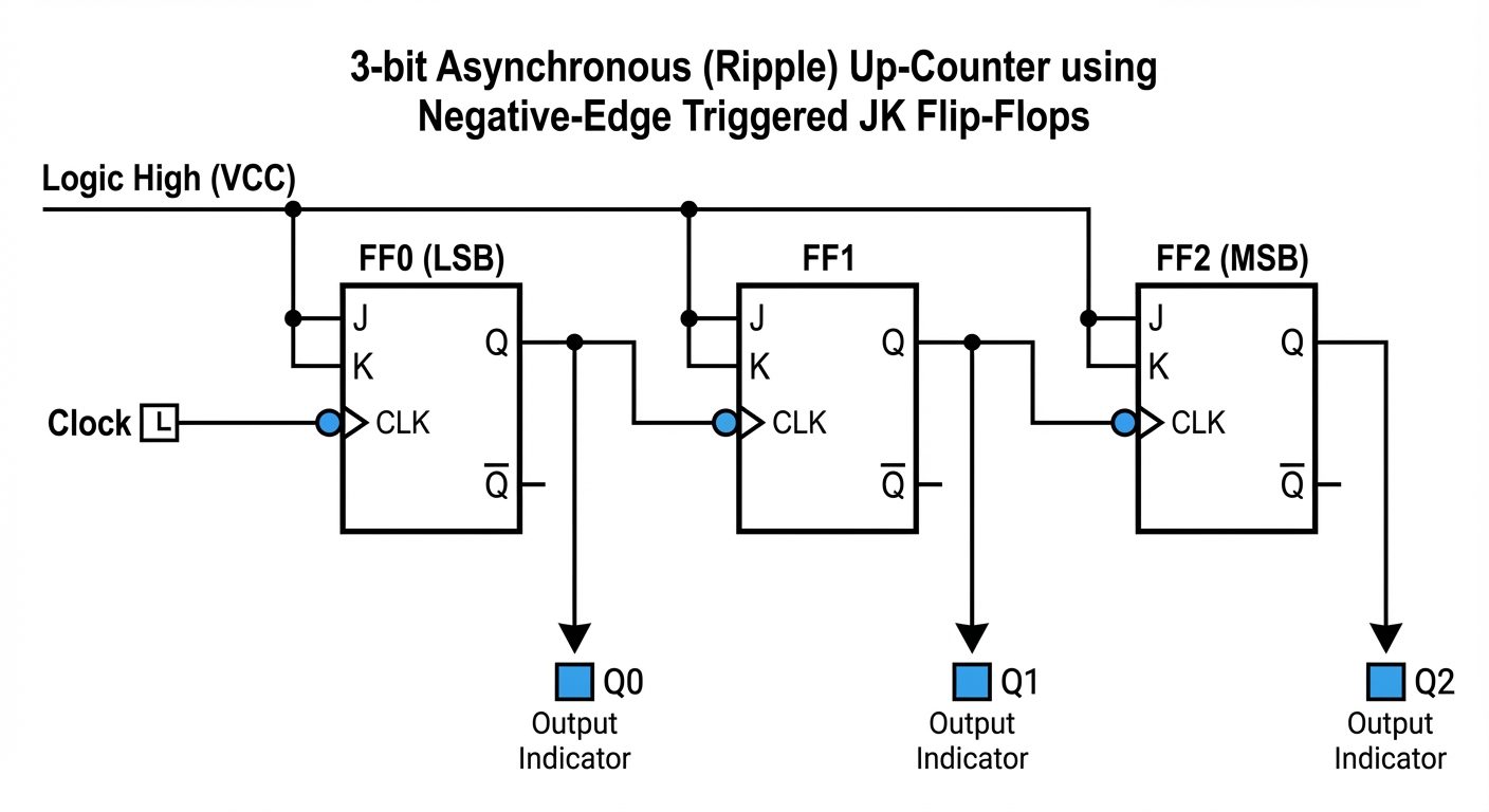 A schematic circuit diagram of a 3-bit Asynchronous (Ripple) Up-Counter using negative-edge triggere...