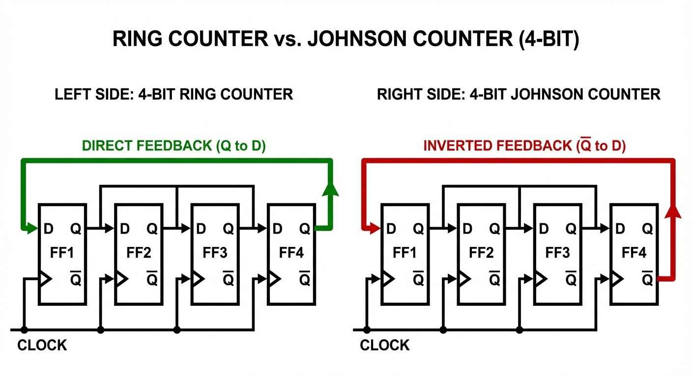 Two distinct circuit diagrams placed side-by-side comparing a 4-bit Ring Counter and a 4-bit Johnson...