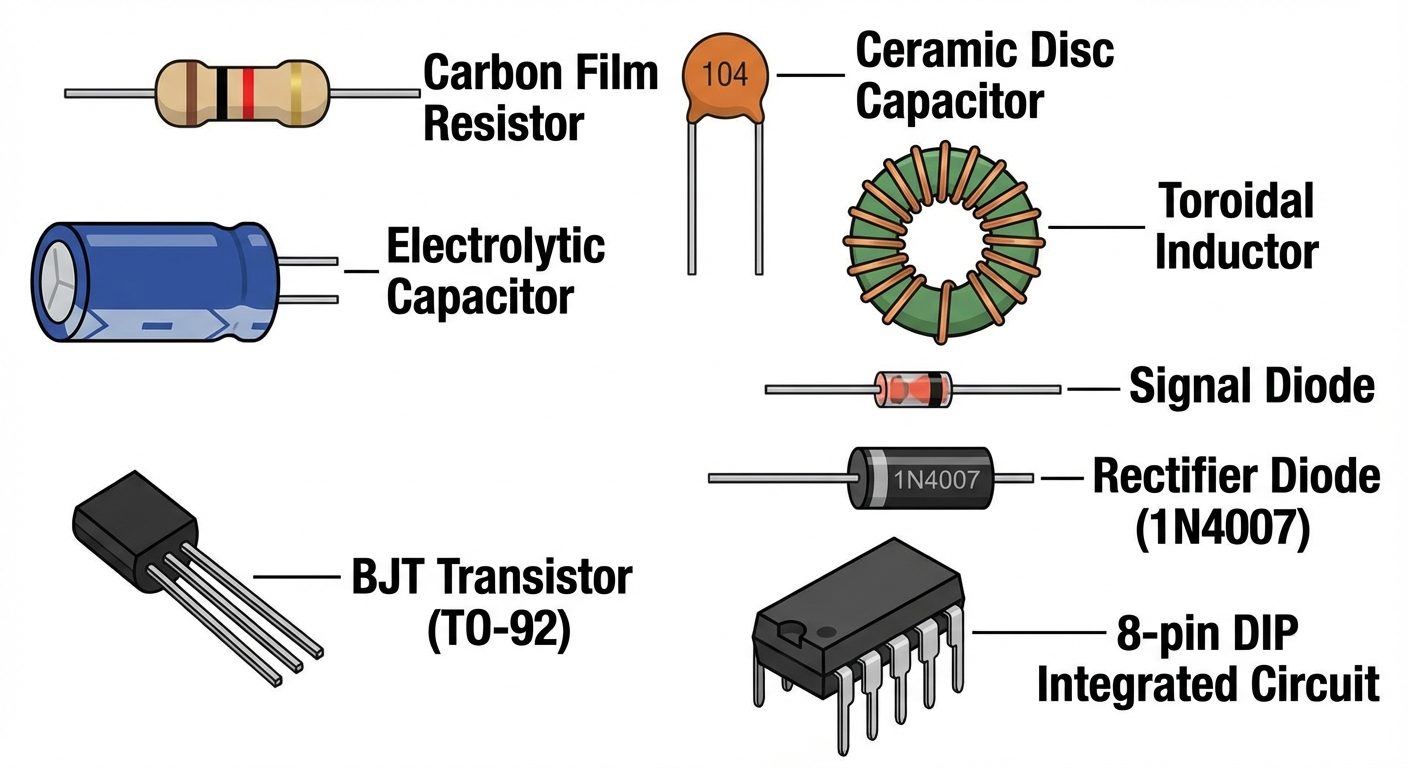 A detailed educational collage illustration of basic electronic components labeled clearly. Show a c...