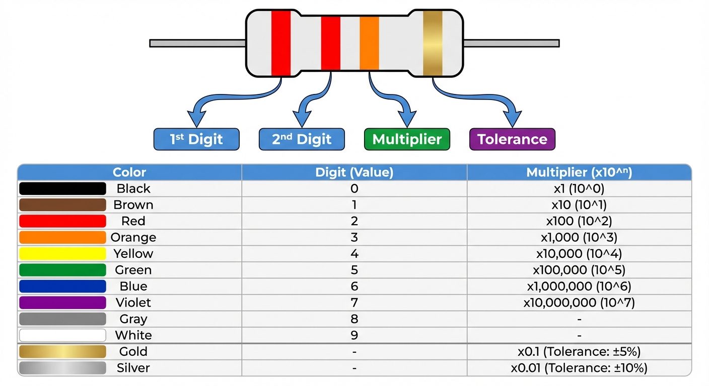 A high-resolution chart explaining the Resistor Color Code 4-band system. The image shows a large sc...
