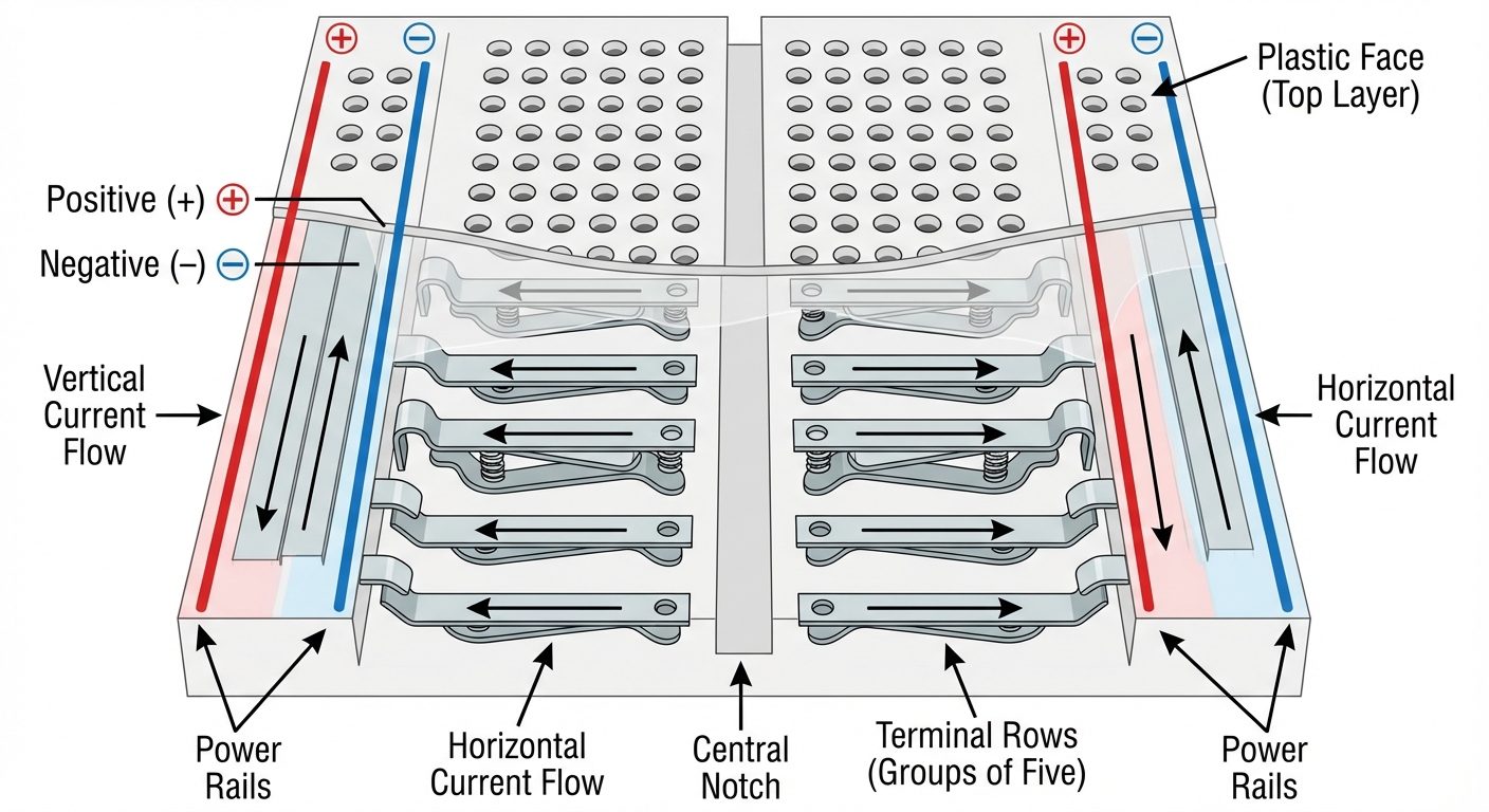 A technical diagram showing the internal connections of a standard solderless breadboard. The top la...