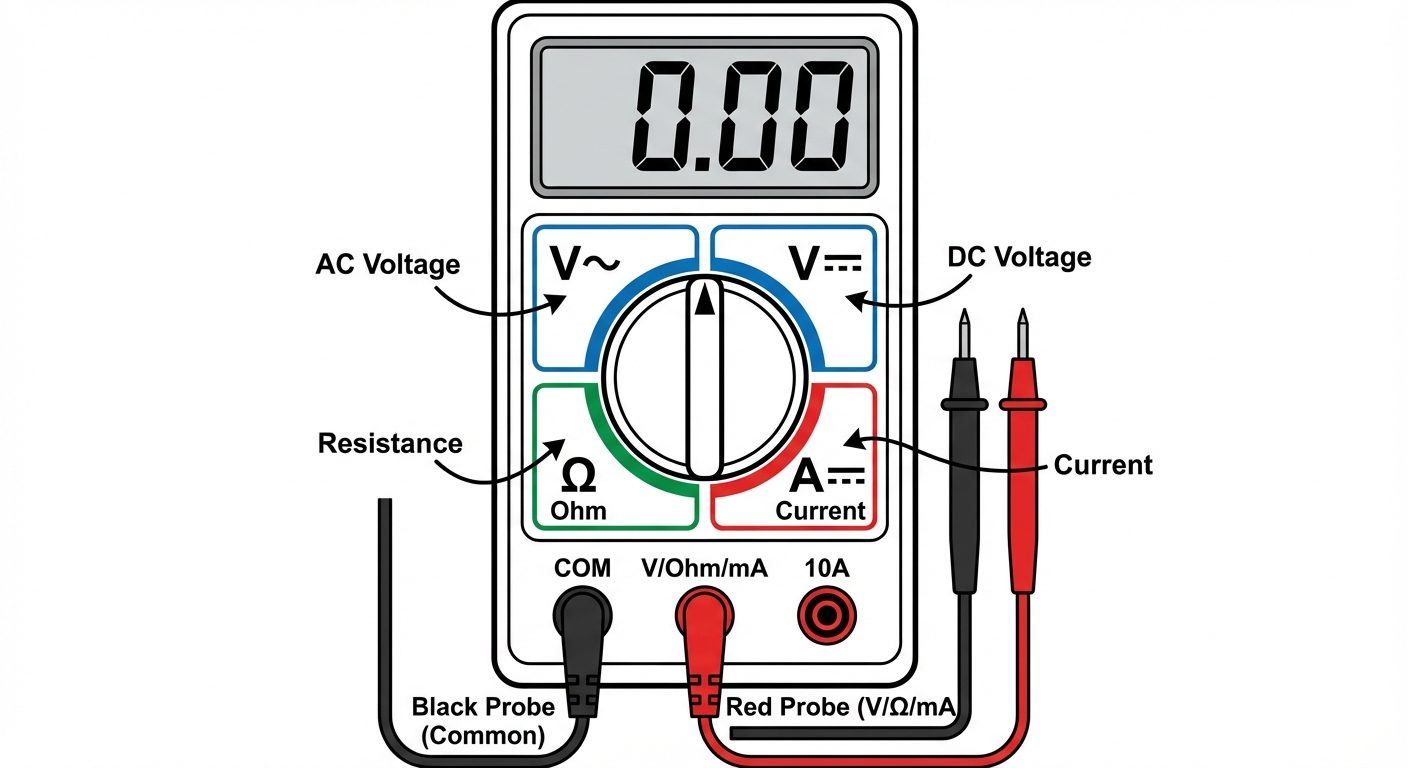 A detailed vector illustration of a Digital Multimeter (DMM) face. Show the rotary selector switch p...