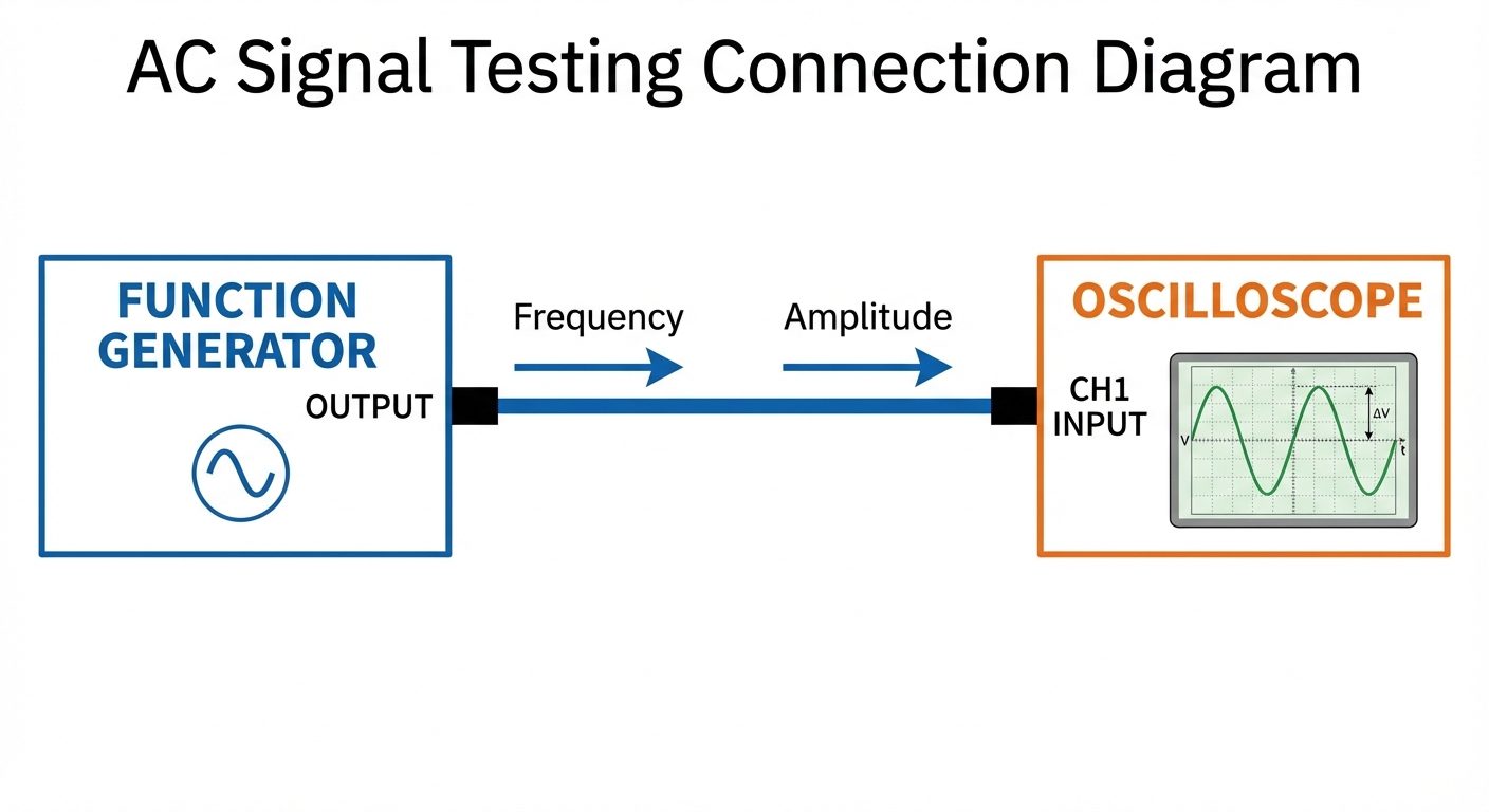 A block diagram showing the connection setup for testing AC signals. On the left, a box labeled 'Fun...