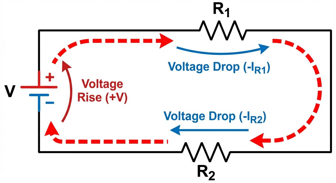 A theoretical diagram explaining KVL Sign Convention. The image should show a simple circuit loop wi...