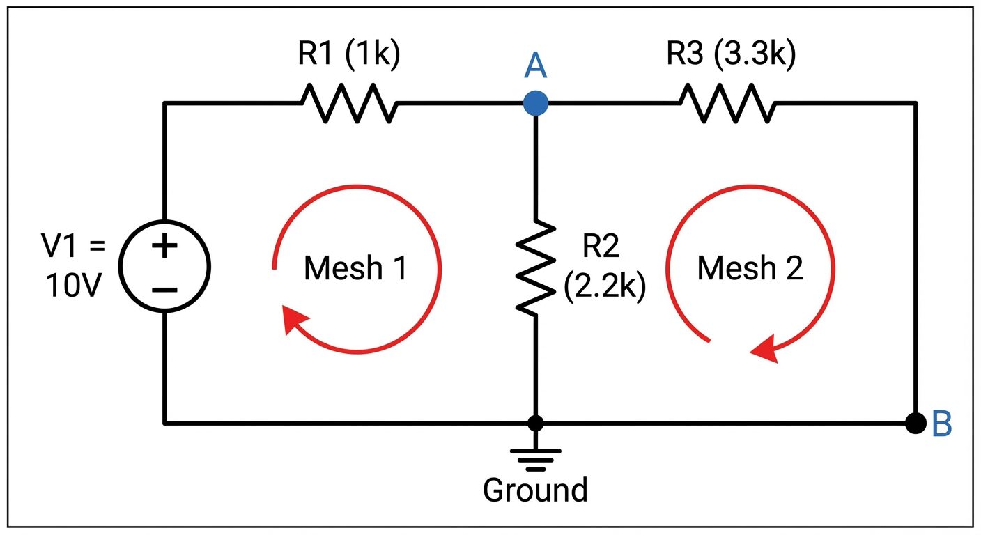 A clean, standard schematic diagram of a T-network circuit for KVL verification. Show a DC Voltage S...