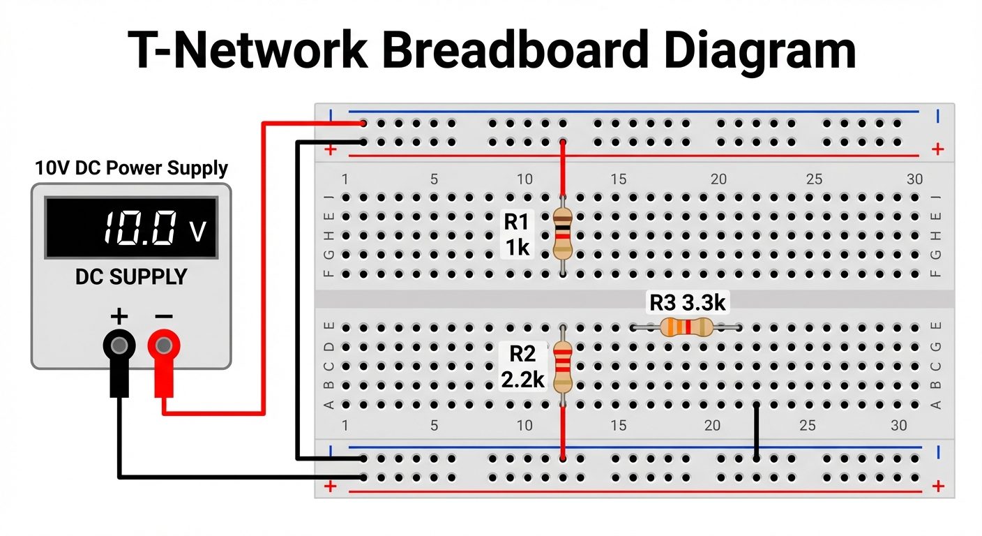 A realistic breadboard wiring diagram corresponding to the T-network schematic above. Show a white b...