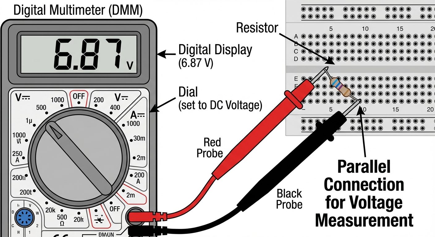 A close-up illustration of a Digital Multimeter (DMM) measuring voltage across a resistor on a bread...
