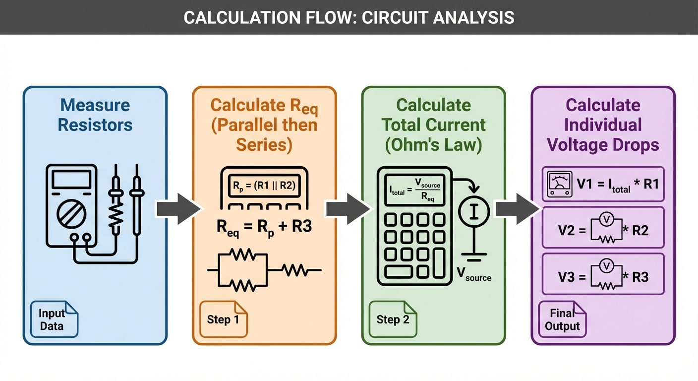 A graphical representation of the calculation flow (Block Diagram style). Block 1: "Measure Resistor...